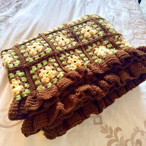 Handmade Crochet Knit Afghan Throw Brown Green and Cream